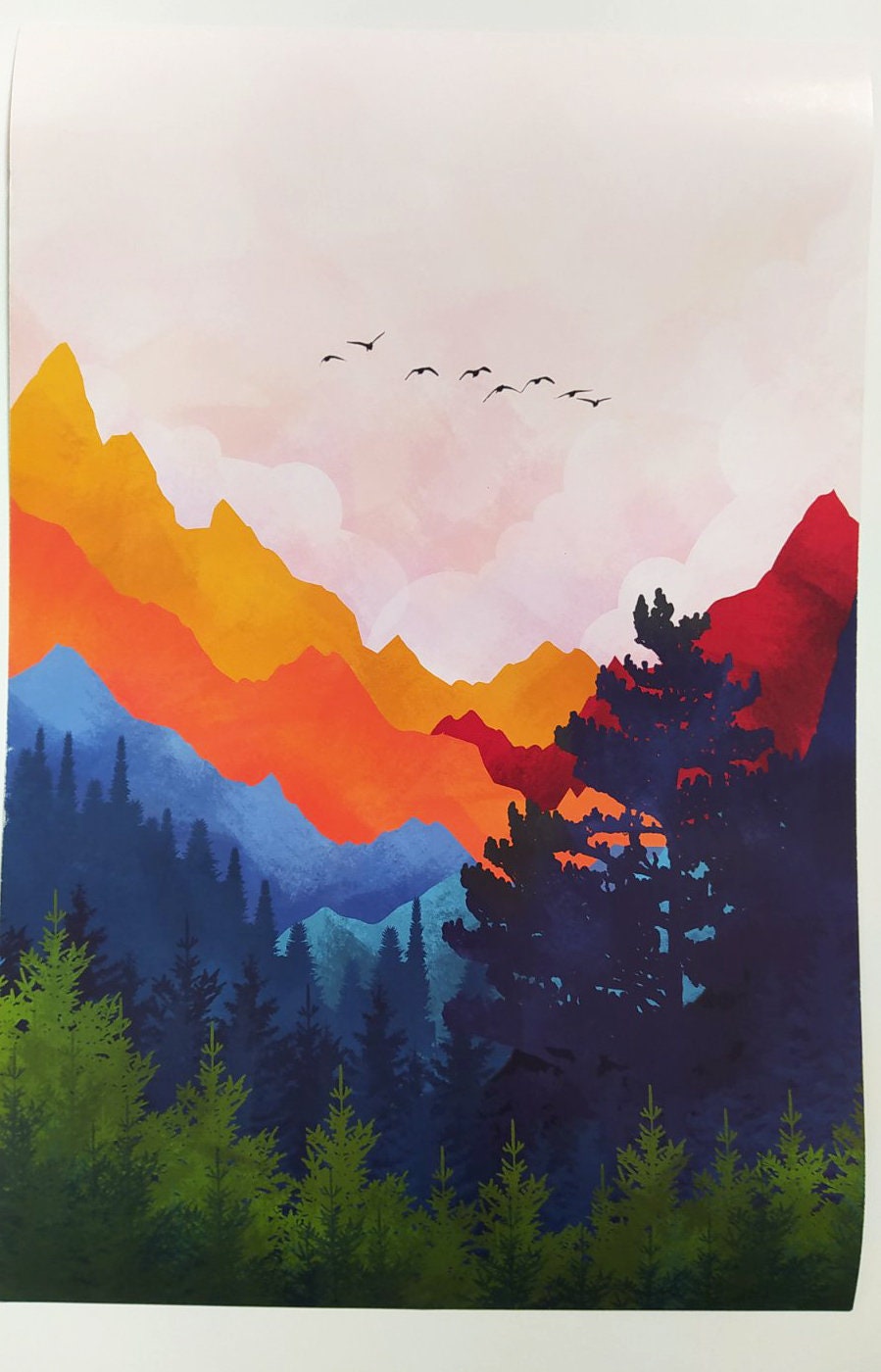 Scandinavian modern painting with bright abstract mountain design.