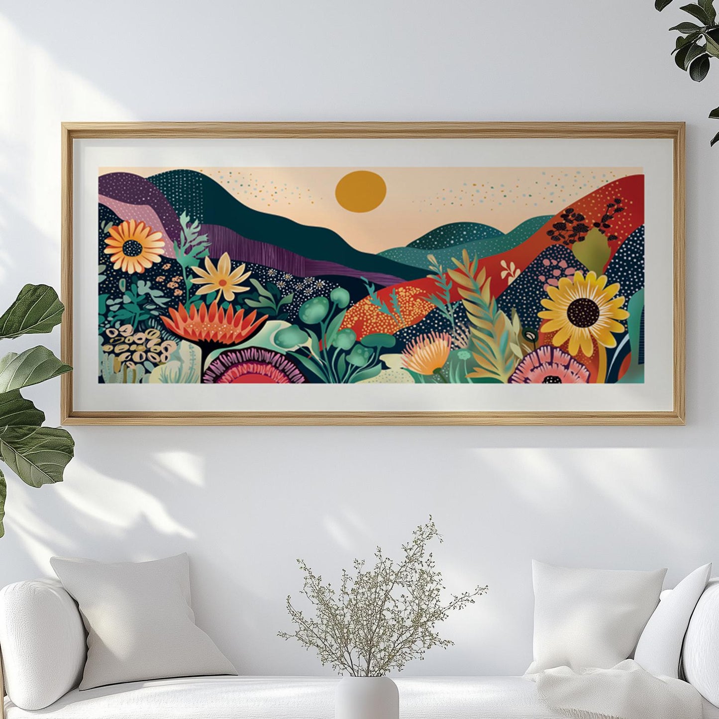 Yayoi Kusama-style abstract landscape with bold floral dots and mountain forms, perfect for adding energy and pattern to minimalist spaces.