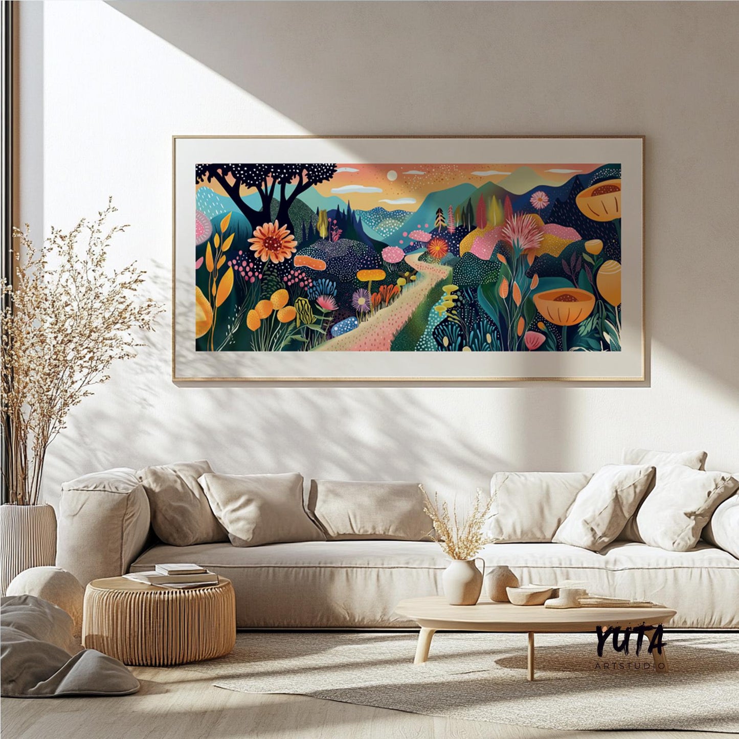 Long narrow wall print depicting colorful layered mountains and sky, designed for Japandi-style decor or serene, modern nature-themed rooms.