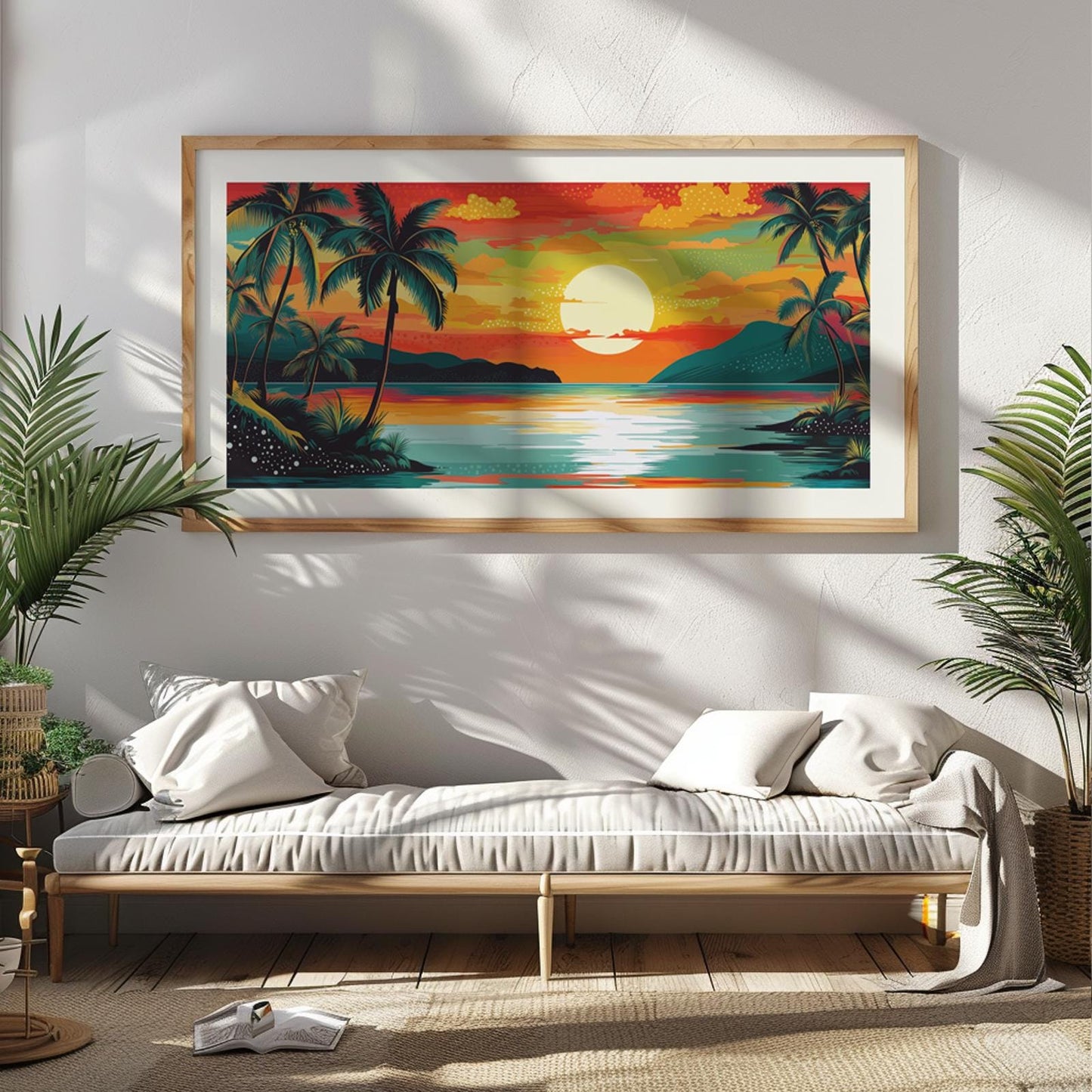 Panoramic sunset beach print with turquoise sea, pink-orange sky, and distant mountain silhouettes, great for boho, coastal, or vacation-style decor.