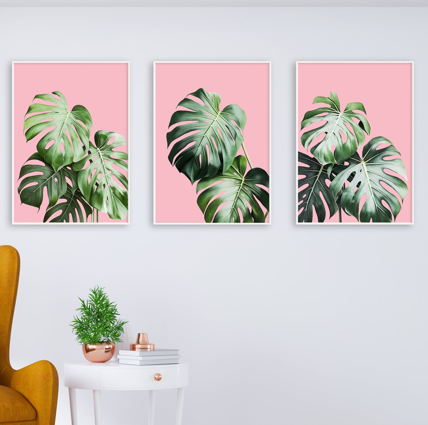 Contemporary monstera illustrations with bright pink base and rich leaf detailing.