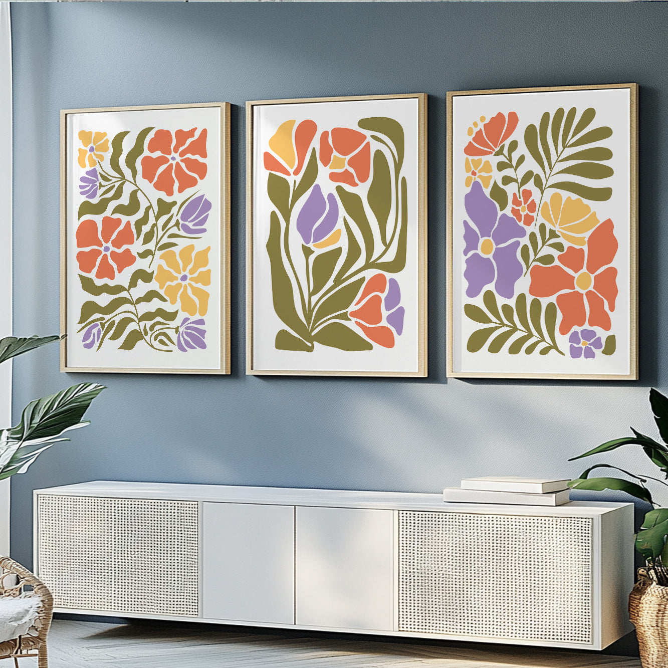 Vintage trendy botanical wall art set of 3 prints in Matisse floral style for bedroom walls.