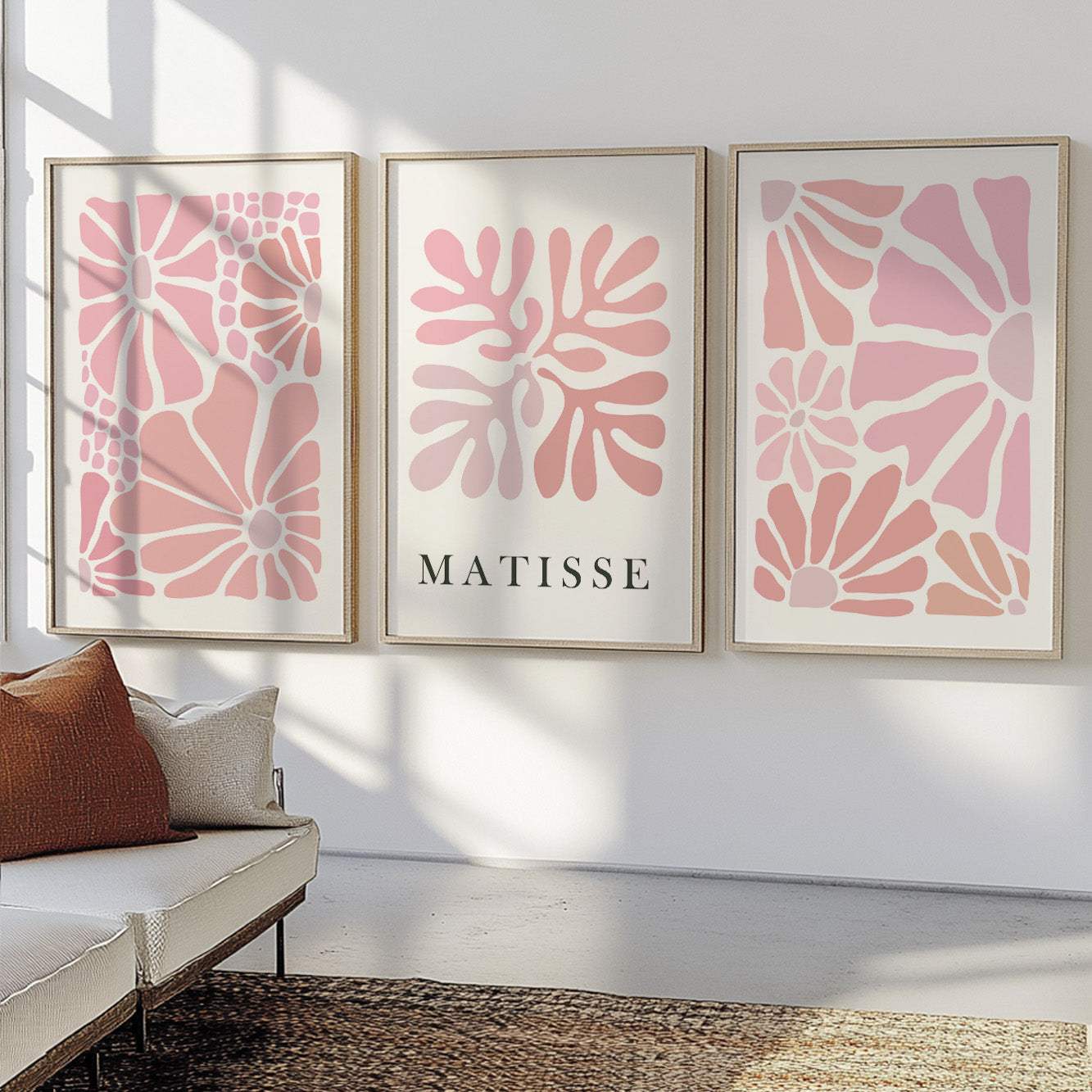 Pink Floral Matisse Set of 3 – Neutral Minimalist Mid Century Modern Wall Art, Vintage Trendy Posters for Living Room