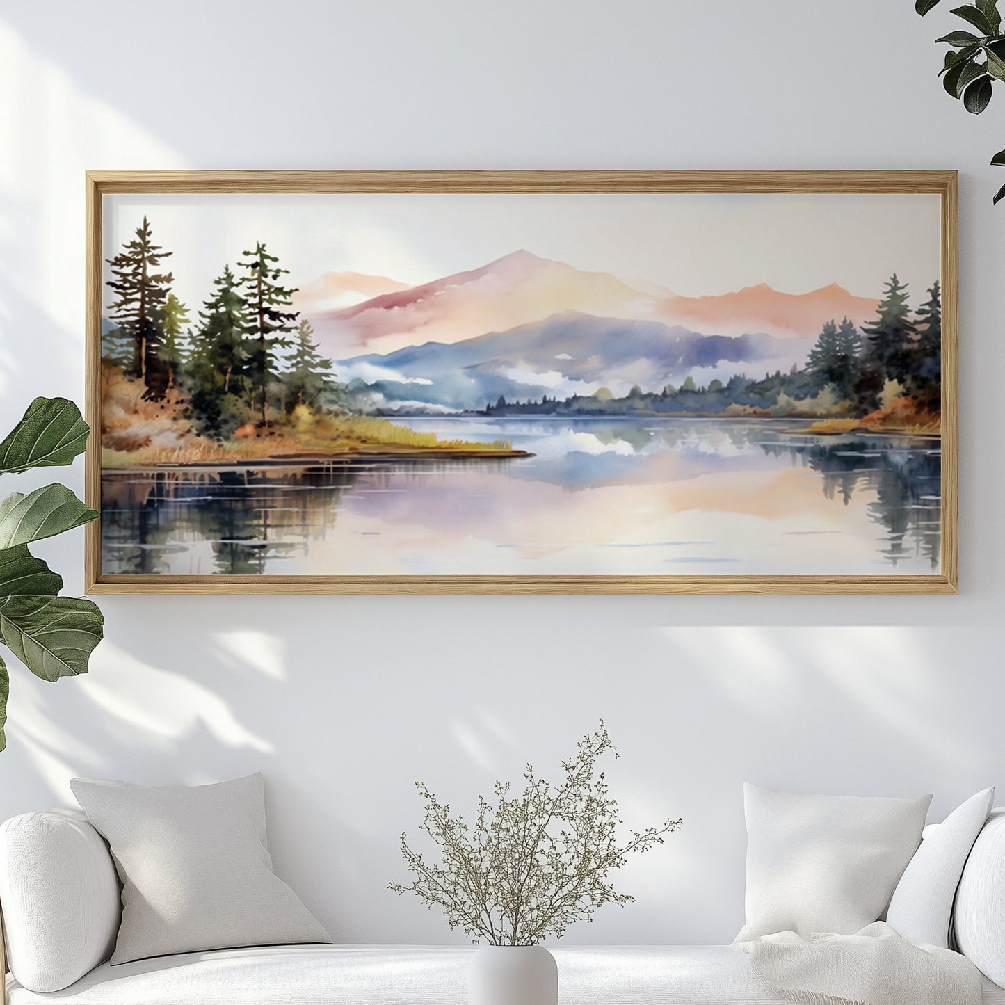 Aesthetic mountain lake scene in pastel hues with trees and gentle slopes, printed in panoramic format for peaceful modern wall styling.