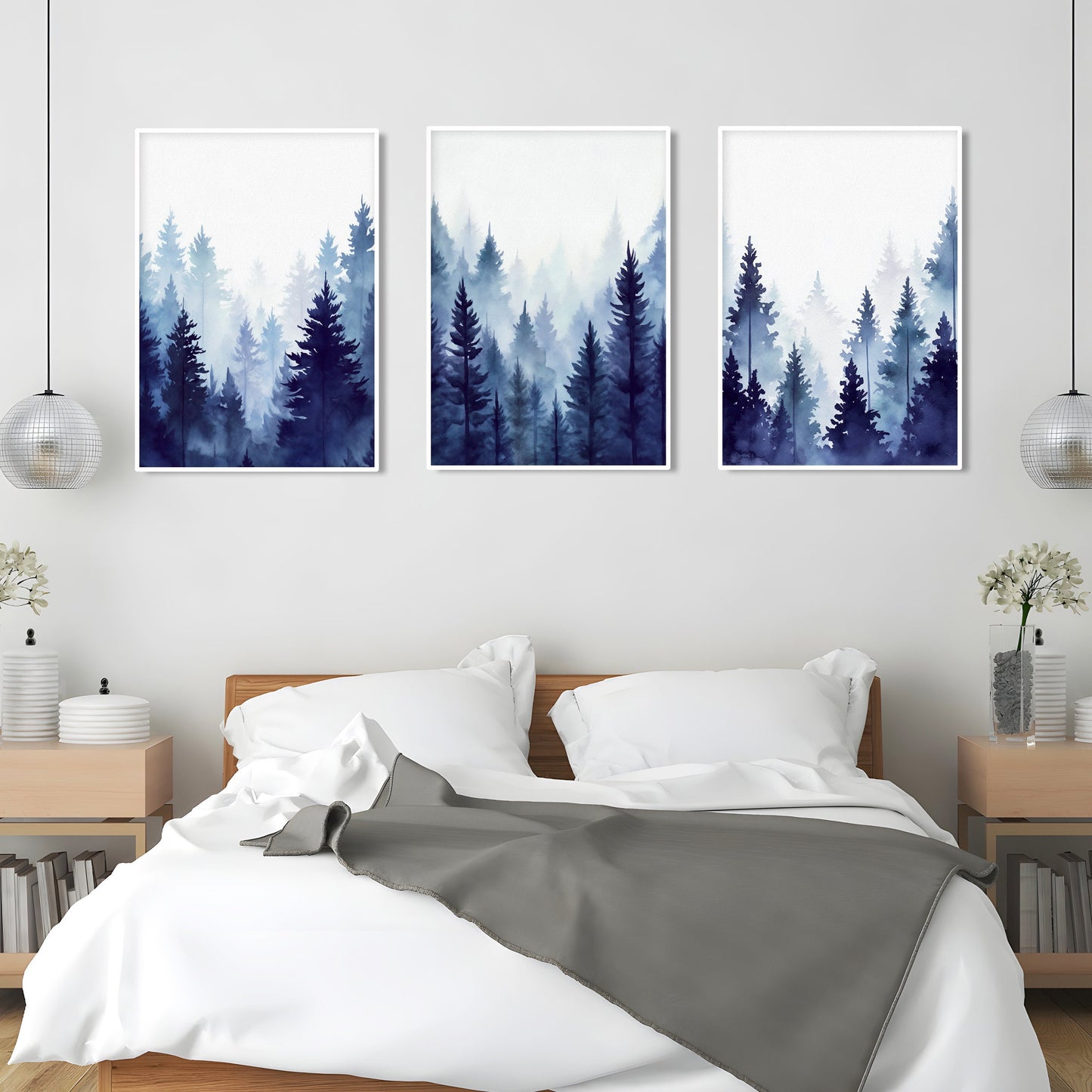 Navy blue watercolor landscape set of 3 with fog and forest.