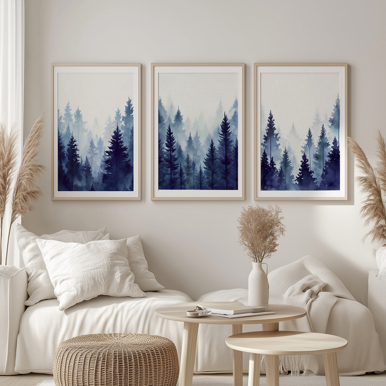 Abstract mountain forest prints in navy with pine trees and fog.