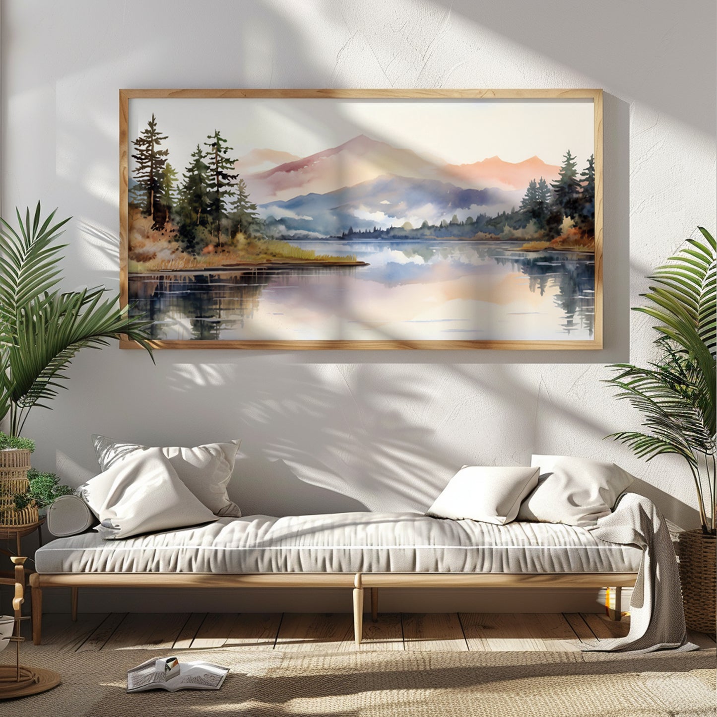 Wide horizontal wall art of pastel mountain ranges and a calm lake, offering a serene natural vibe for boho, Nordic, or modern home decor.
