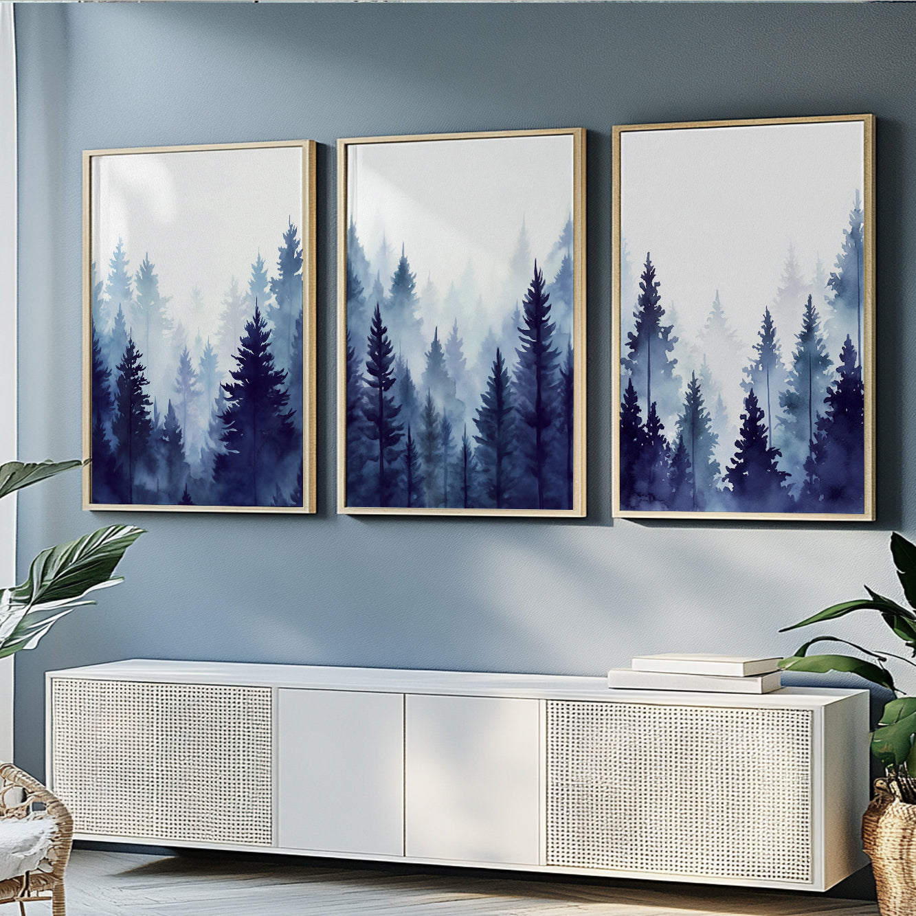 Watercolor mountain wall art triptych with misty pine trees in blue tones.