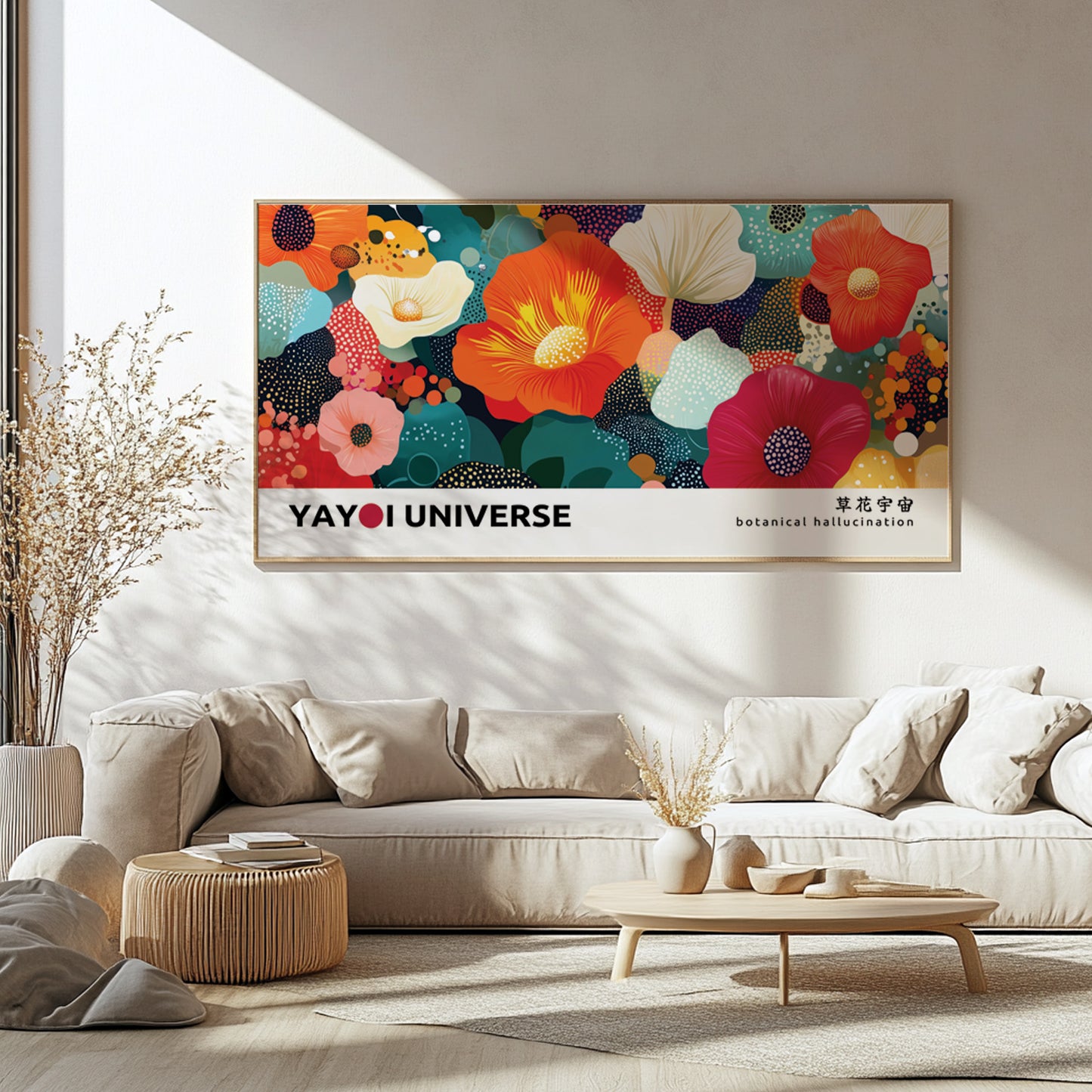 Colorful botanical wall art – narrow wide-format floral print in Kusama-inspired dotted style.