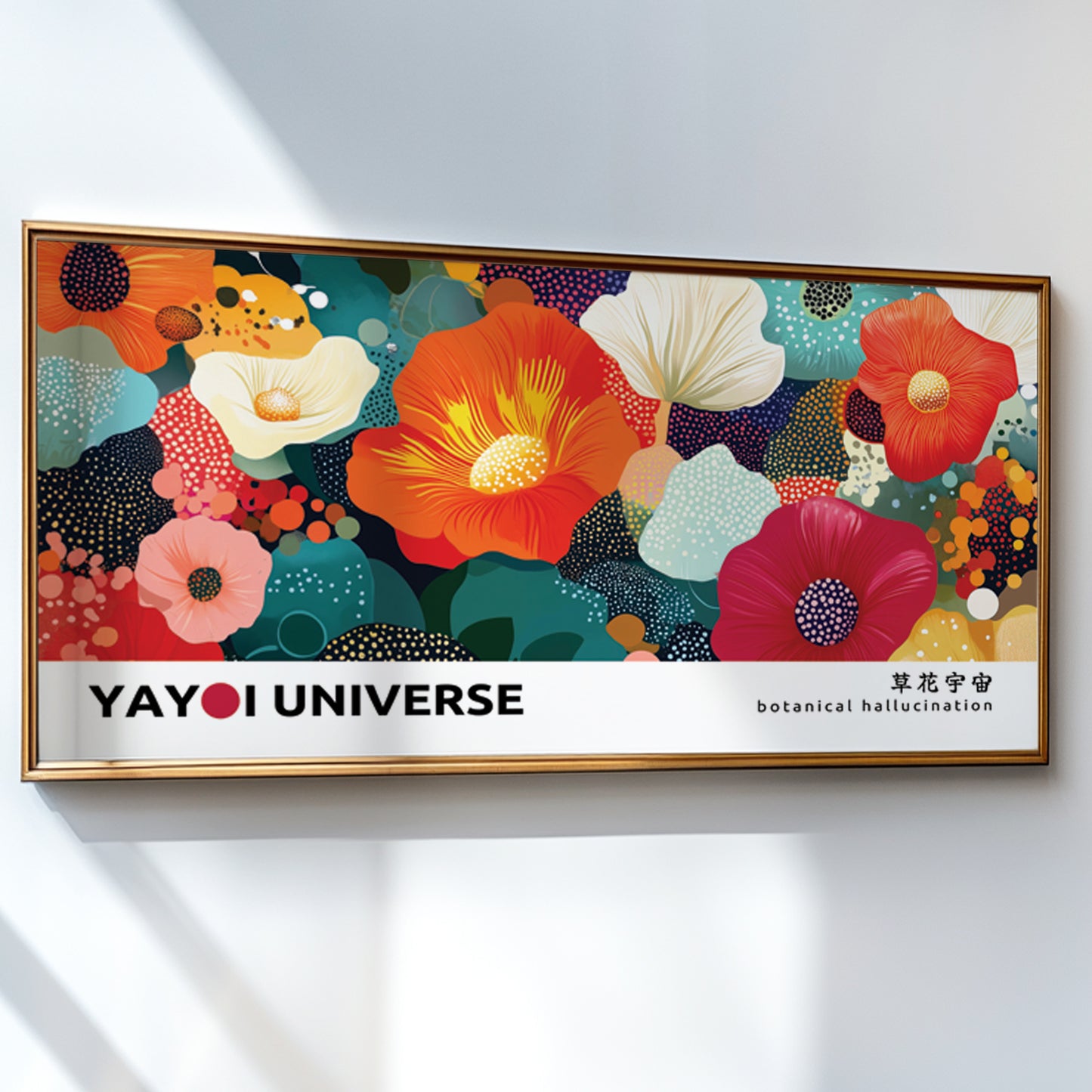 Wide floral abstract poster inspired by Yayoi Kusama – bold botanical art for modern wall decor.