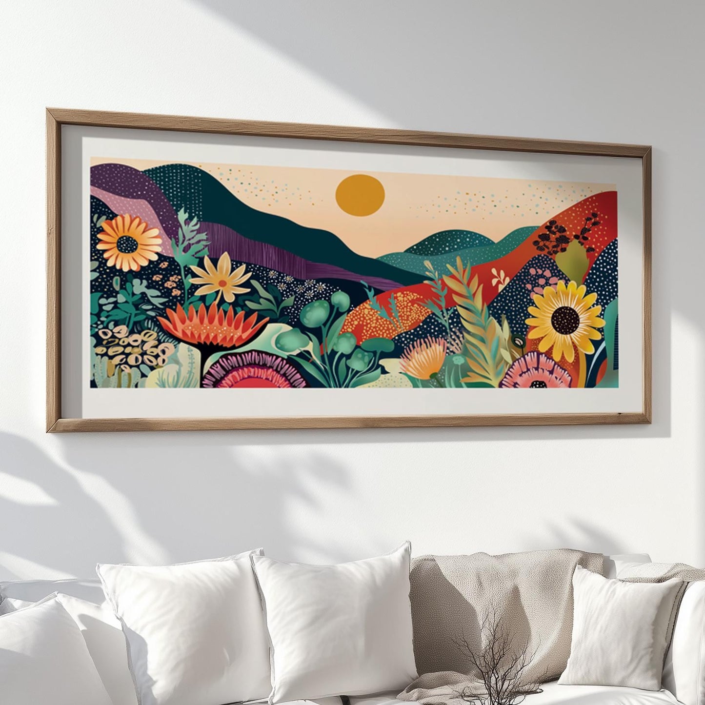 Abstract mountain scene in narrow wide format with Yayoi Kusama-inspired dotted floral patterns, ideal for hallways, bedsides, or sofa backdrops.