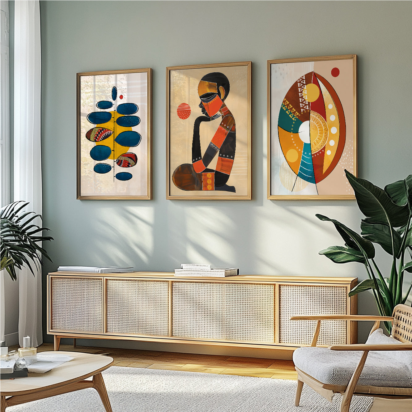 Contemporary minimalist African wall art set of 3 prints – abstract ethnic gallery wall set for above bed decor