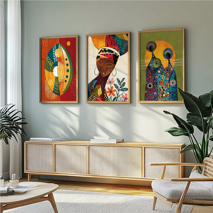 Set of 3 African abstract art prints, minimalist black woman portrait for contemporary wall decor