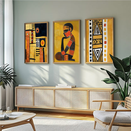 Modern ethnic African art set of 3, mustard and colorful abstract posters for living room artwork