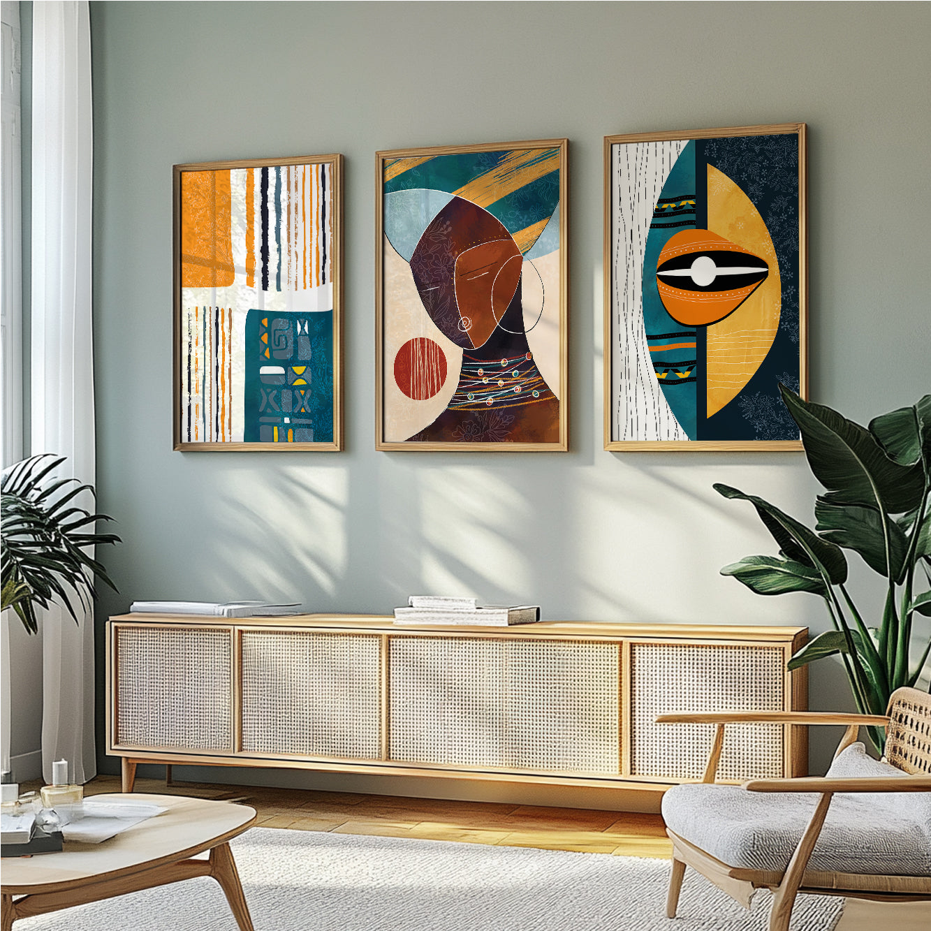 Bright modern African American art set of 3 prints – abstract black woman portrait gallery wall set for bedroom