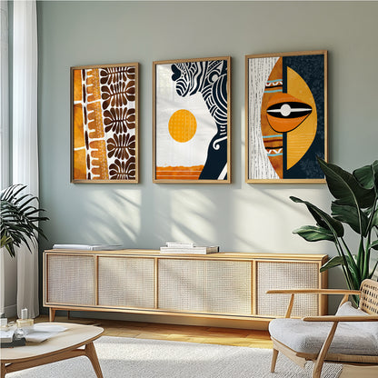 Set of 3 African abstract art prints, ethnic black woman portrait for contemporary wall decor