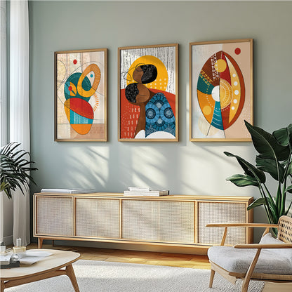 Set of 3 abstract ethnic African art prints, contemporary colorful African American woman print for gallery wall