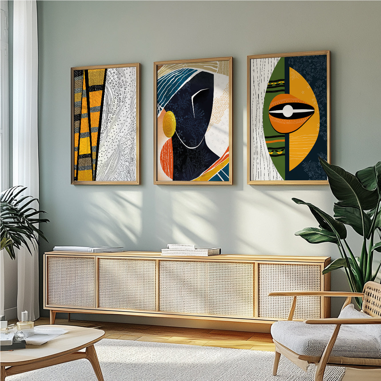 Set of 3 modern African American art prints – large colorful abstract black woman portraits for home decor