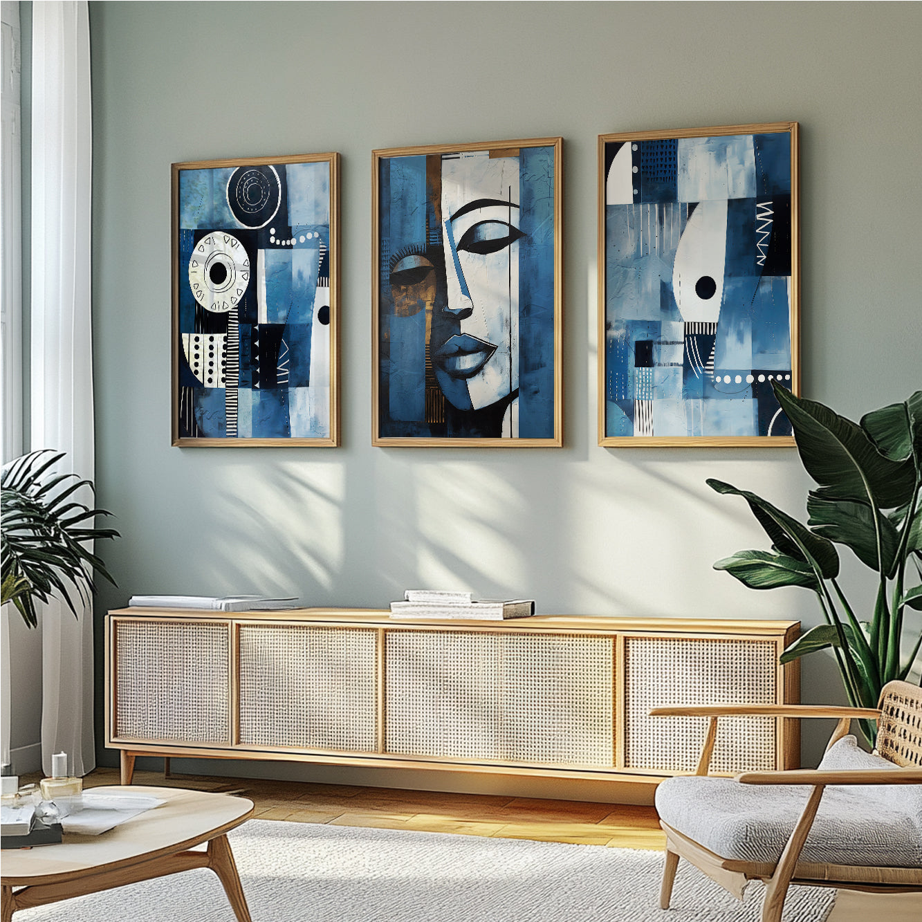 Abstract African American art set – navy blue ethnic wall prints for modern aesthetic room decor