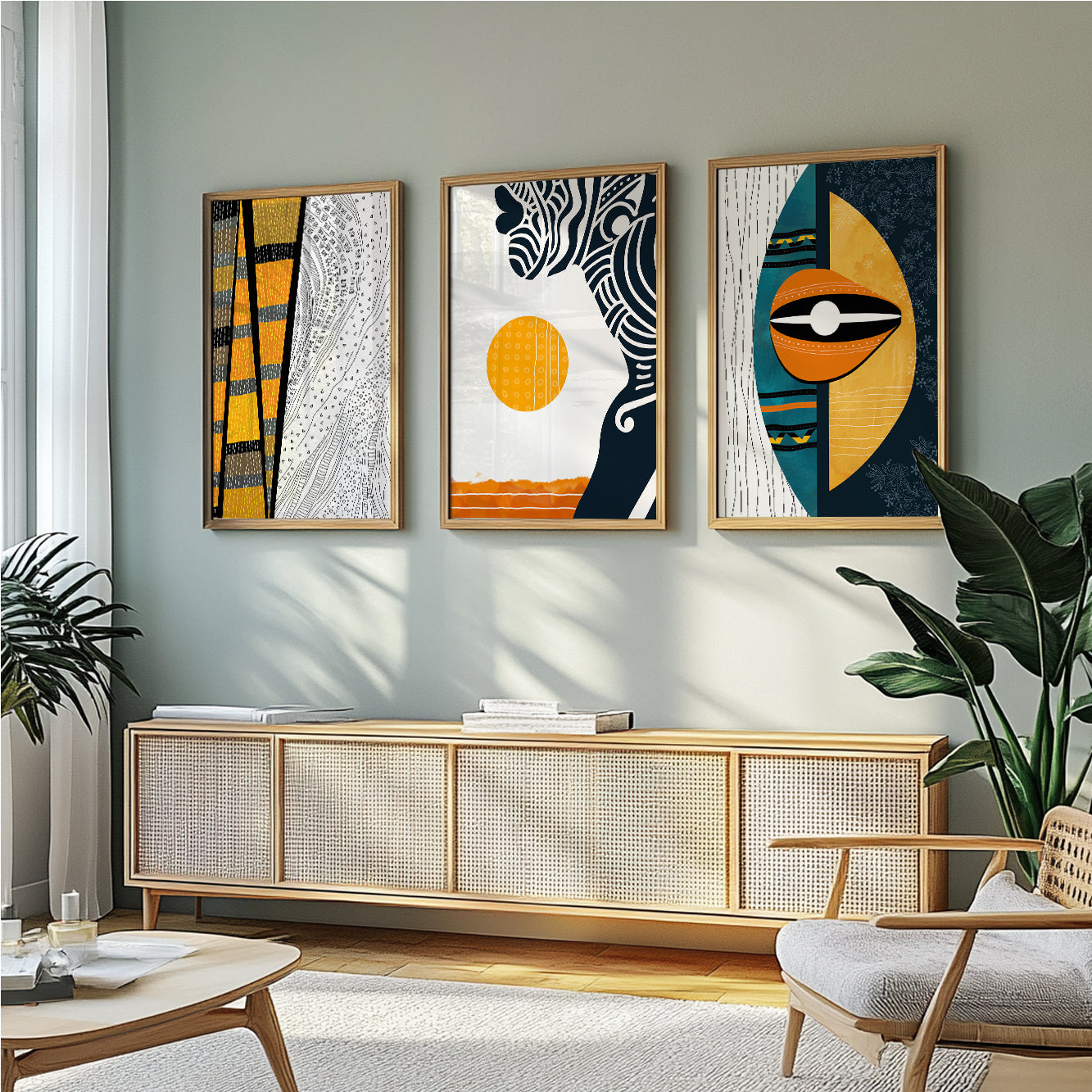 Abstract African wall art set of 3, black woman portrait prints for elegant housewarming gift