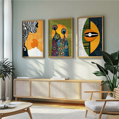 Colorful abstract tribal art set of 3, black woman portraits for contemporary African wall decor