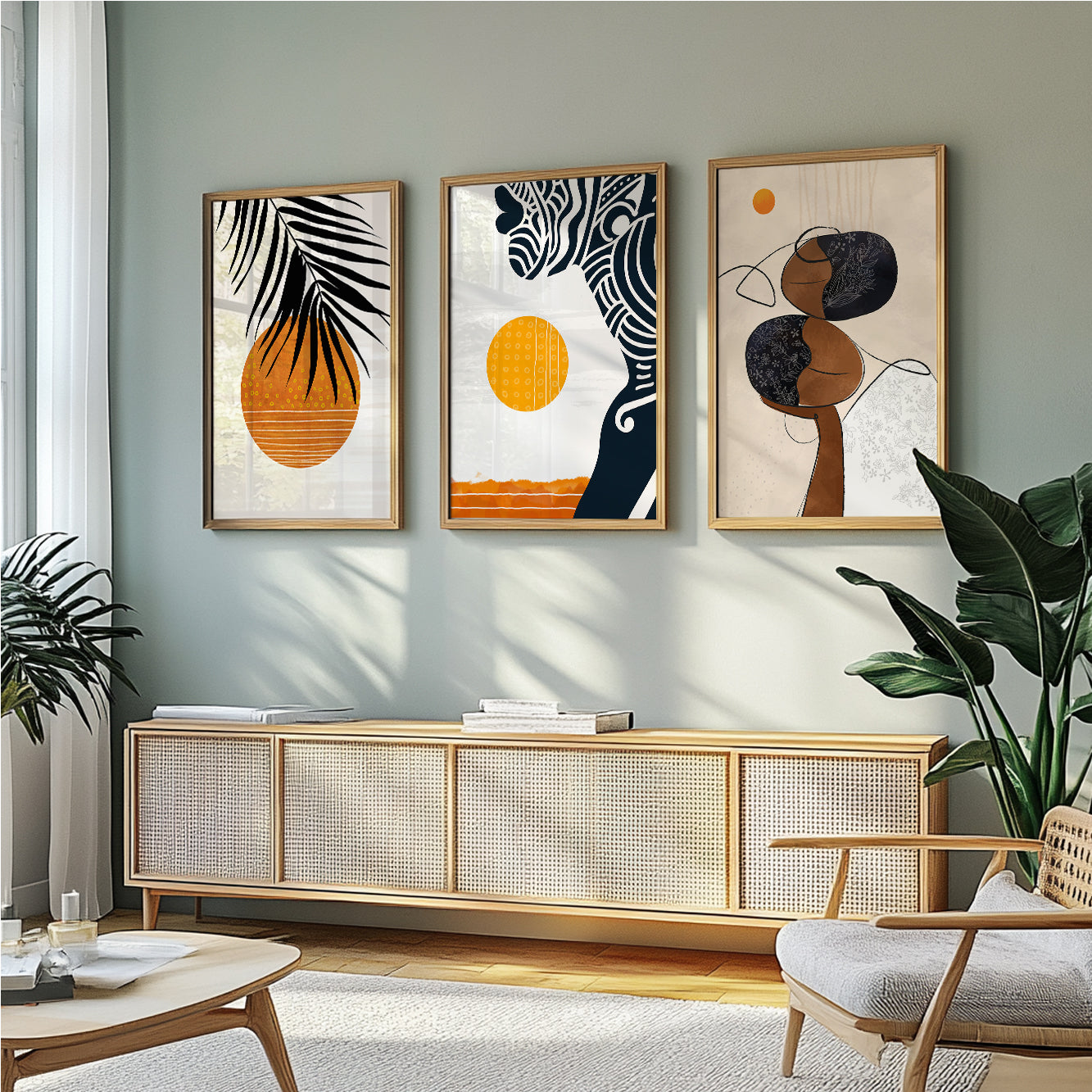 Abstract African wall art set of 3 prints – colorful black woman portrait, modern minimalist aesthetic room decor