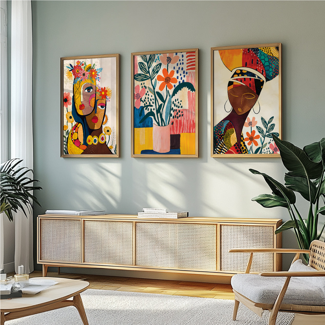 Set of 3 colorful boho African art prints, modern ethnic nature posters for aesthetic room decor