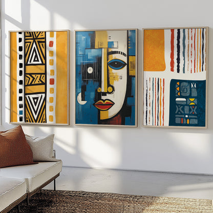 Navy Blue & Yellow African Art Set of 3 – Abstract & Ethnic