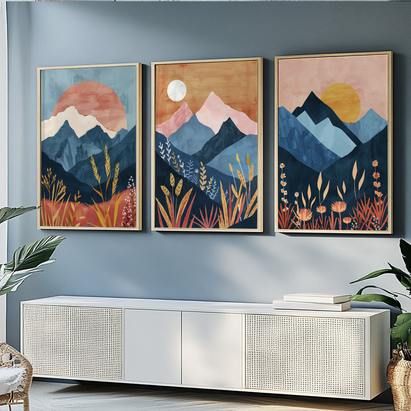 Mid Century Colorful Boho Mountains Wall Art – Set of 3 Prints for Aesthetic Room