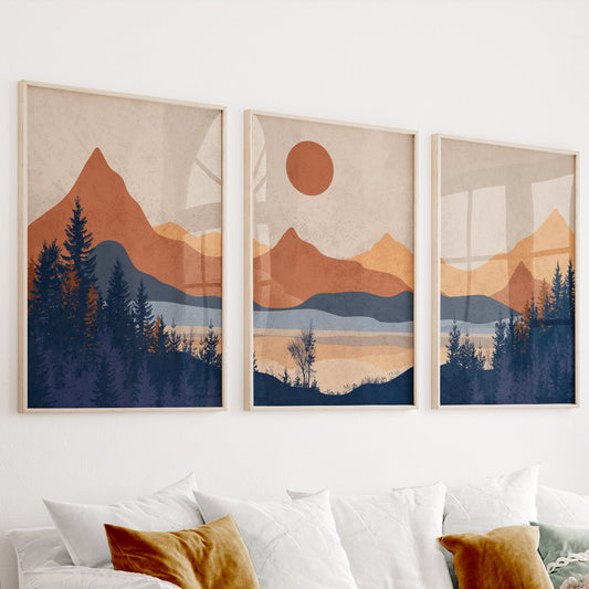 Set of 3 Bright Mountain Prints – Modern Simple Mid Century Wall Art, Terracotta and Blue Landscape Posters