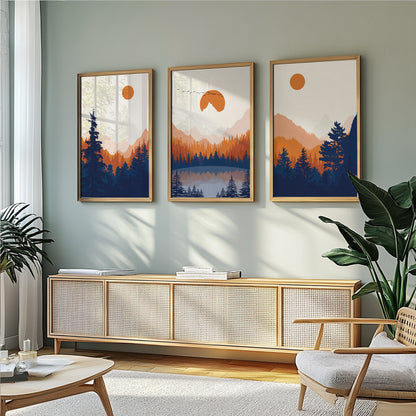 Abstract Mountain Landscape Set of 3 – Orange and Deep Blue Modern Minimalist Room Decor