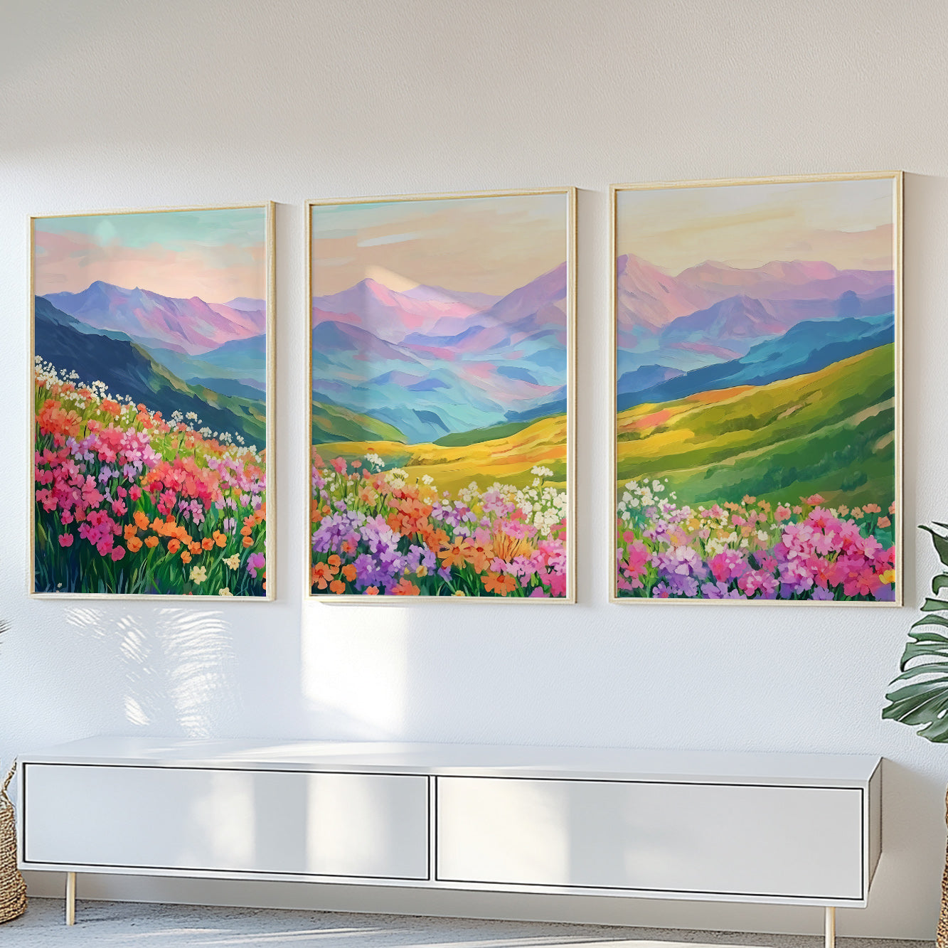 Colorful Mountain Wall Art Set of 3 – Wild Flowers Landscape Print for Boho Nature Decor