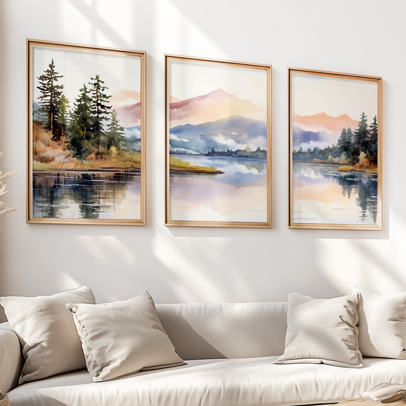 Modern Pastel Mountain Art Set – Nature Wall Decor, Forest Lake Landscape Posters