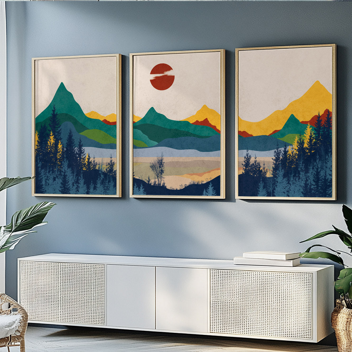 Colorful Abstract Mountain Wall Art Set of 3 – Mid Century Modern Landscape Poster, Boho Room Decor