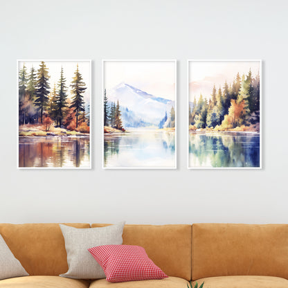 Set of 3 Mountain Lake Prints – Neutral Forest Landscape Nature Wall Art for Aesthetic Room