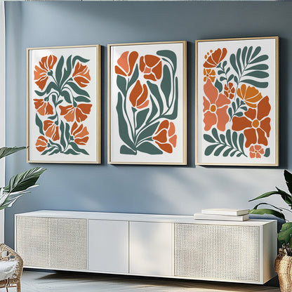 Boho floral set of 3 print. Light Terracotta minimalist botanical mid century gallery wall set, vintage trendy bedroom wall art prints