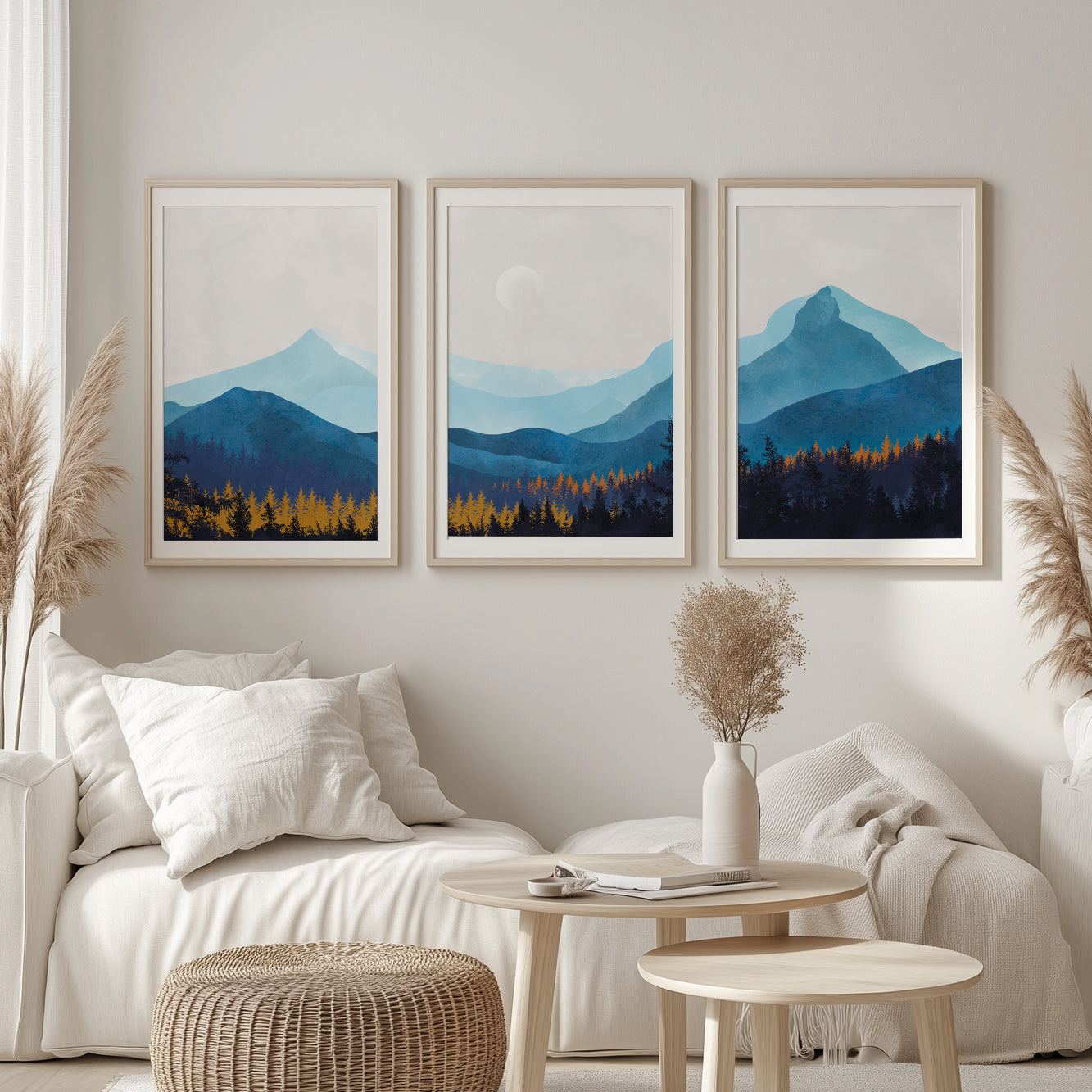 Set of 3 Scandinavian Mountain Prints – Navy Blue Wall Art for Living Room