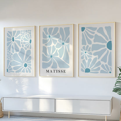 Neutral blue Matisse flower set of 3 print. Light natural minimalist mid century gallery wall set, vintage trendy bedroom wall art prints