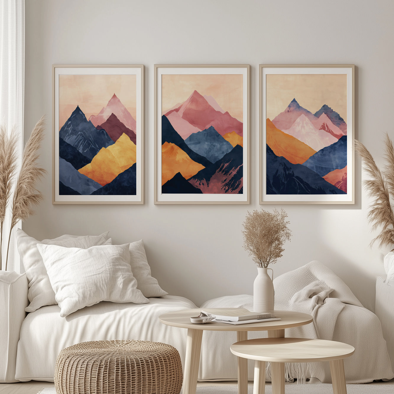 Abstract Mountain Gallery Wall Set of 3 – Minimalist Navy Blue and Pink Landscape Prints