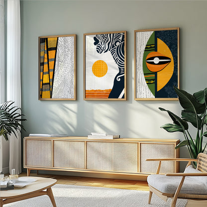 Set of 3 abstract African American art prints, black woman portrait for minimalist living room decor