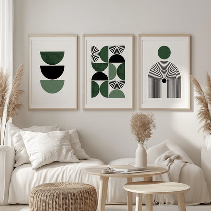 Set of 3 mid century modern art prints. Green boho print