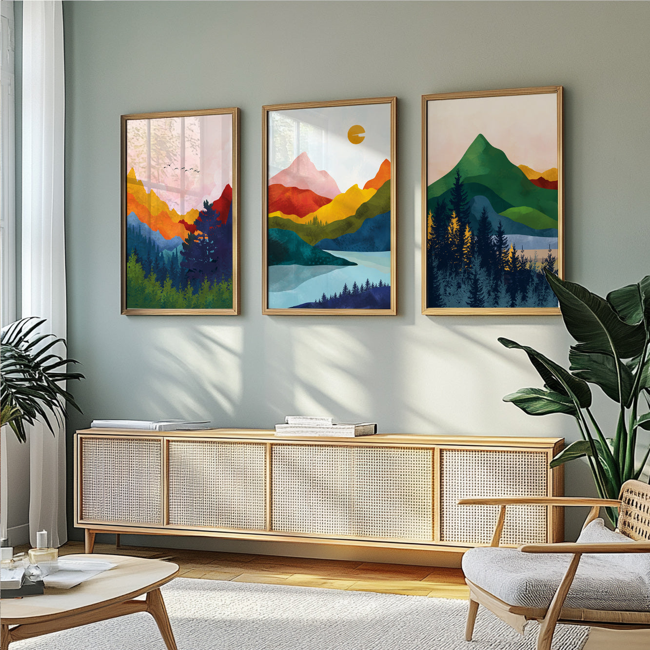 Scandinavian Colorful Abstract Mountains Wall Art Set of 3 – Modern Nordic Landscape Prints