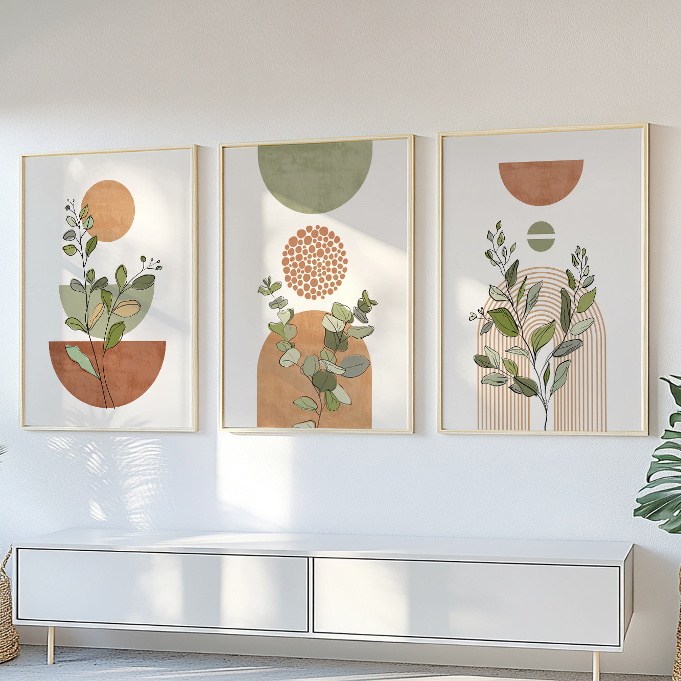 Terracotta green boho gallery wall set of 3. Mid century modern neutral wall art poster. Bohemian livingroom, above bed large prints