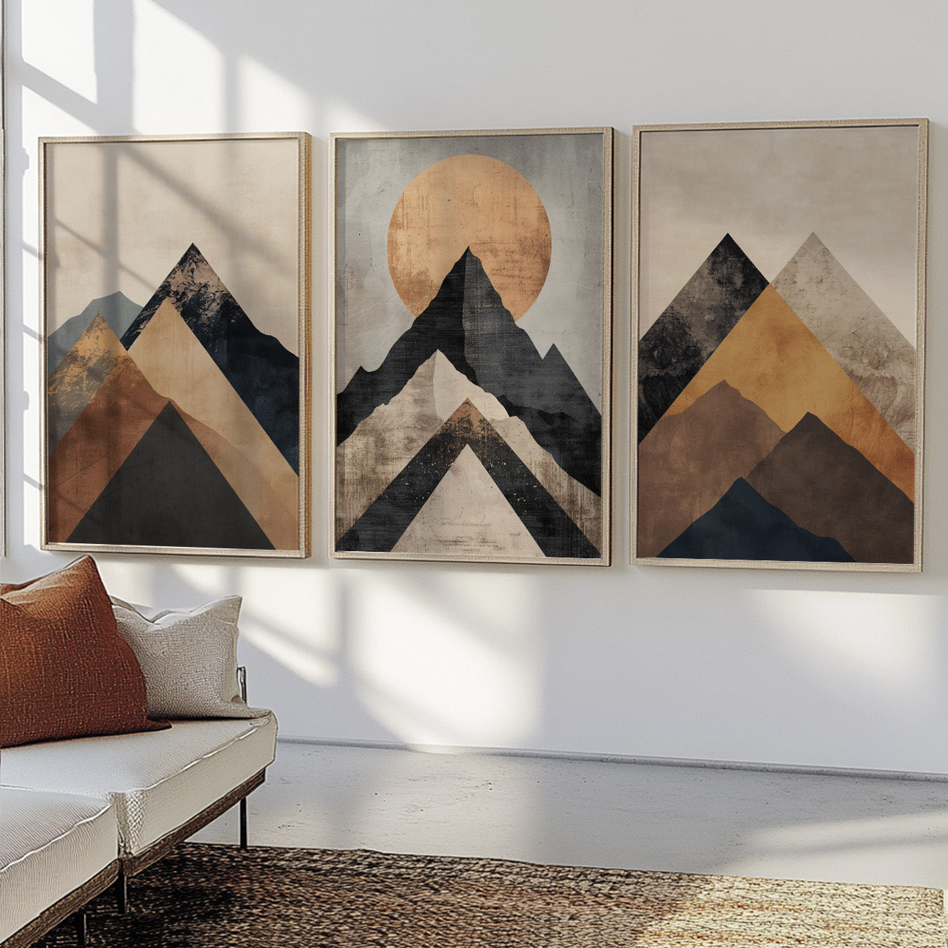 Terracotta Mountain Wall Art Set of 3 – Simple Urban Gallery Wall Decor, Mid Century Modern Style