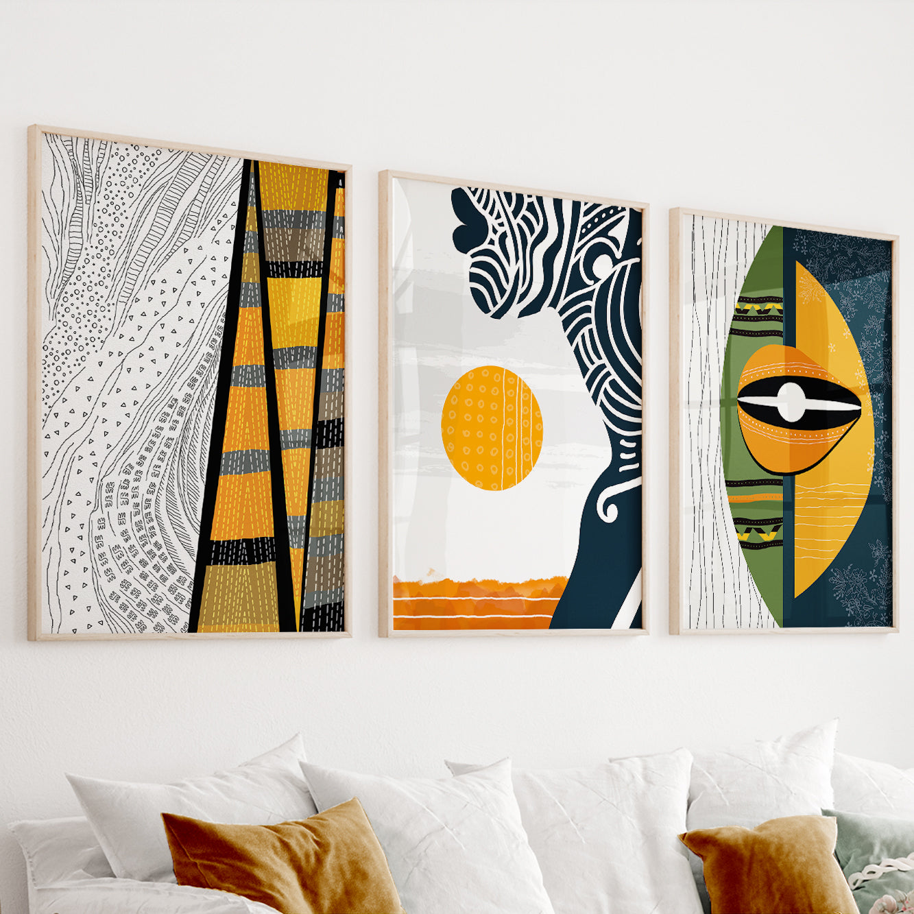 Bright and colorful African art set, 3 abstract prints of black women for modern home decor