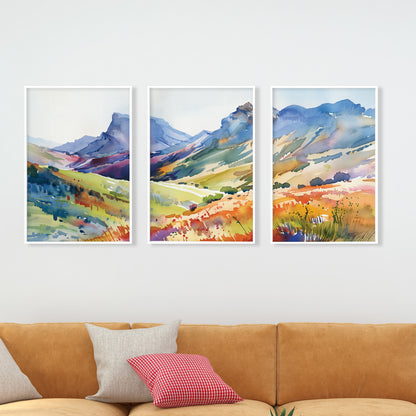 Set of 3 Bright Mountain Prints – Vibrant Abstract Nature Wall Art for Aesthetic Room