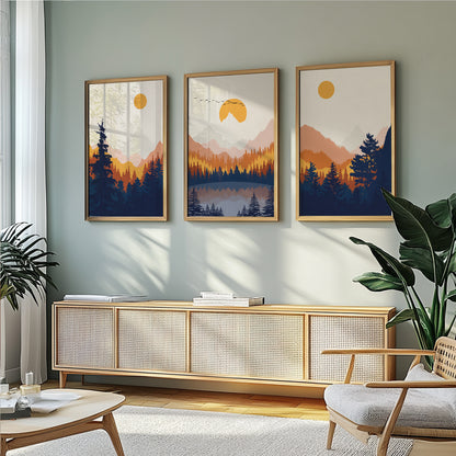 Modern Mountain Wall Art Set of 3 Prints – Terracotta and Navy Blue Nature Posters, Minimalist Landscape Art