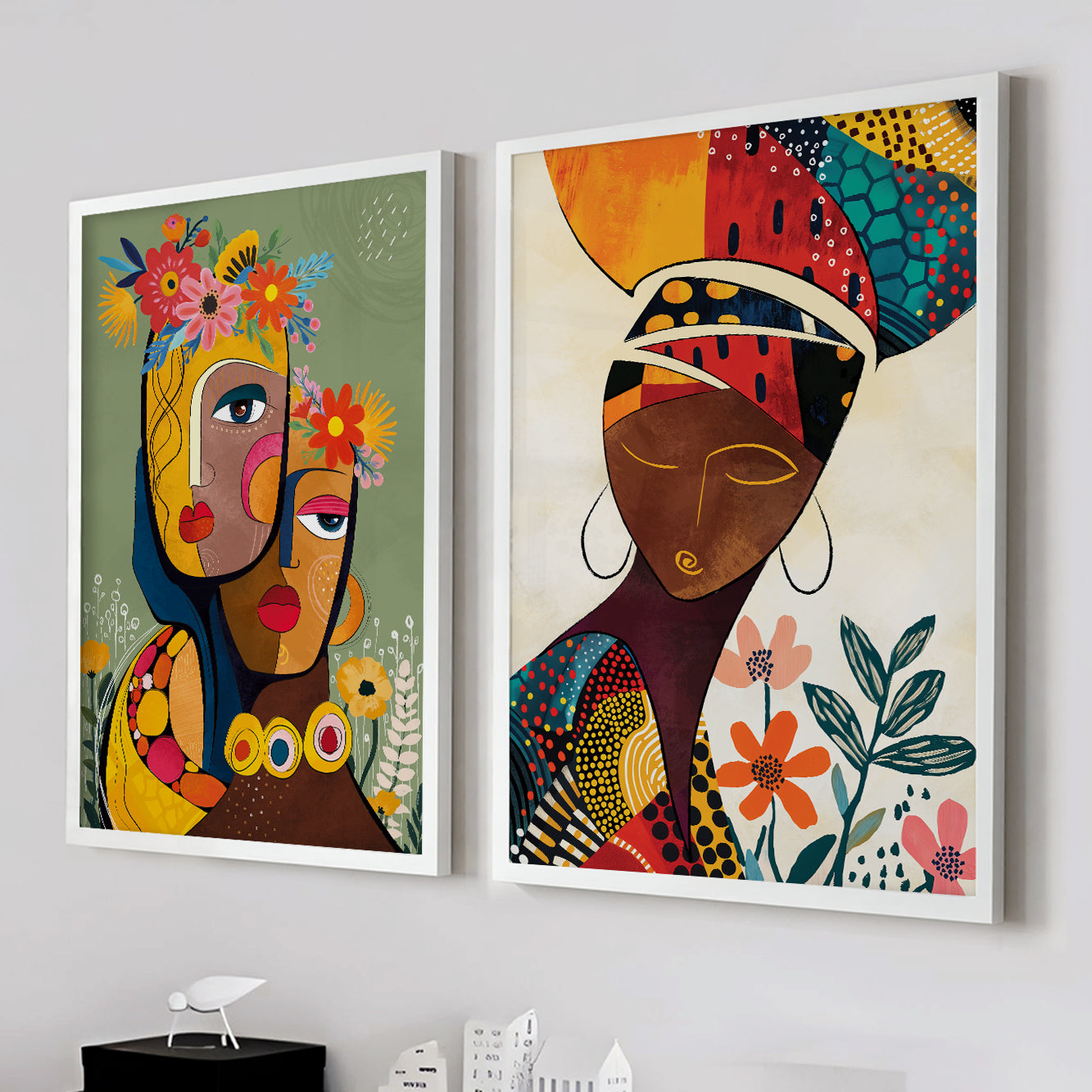 Set of 2 modern African art prints, bright black woman portrait, tribal girl face