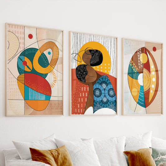 Abstract ethnic African art set of 3 prints, modern colorful gallery wall set featuring African American woman