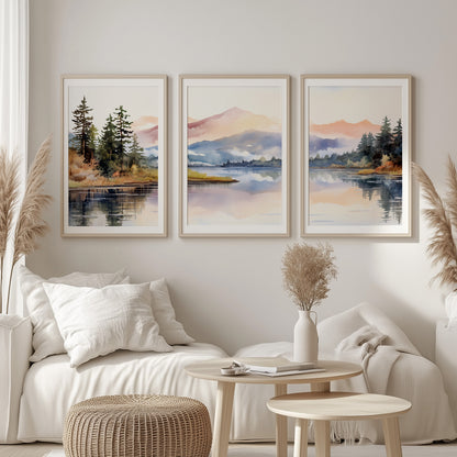 Set of 3 Pastel Mountain Prints – Forest Lake Landscape Painting for Eclectic Room Decor